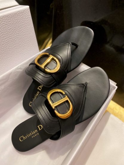 Replica Dior Flip Flops Black Calf Skin Slides For Women 2024 #3320