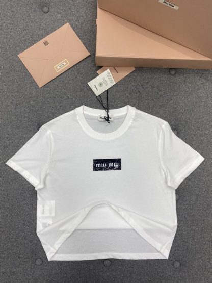 Replica Miu Miu Cotton sequin T-shirt Women white 2024 #3311 - Image 16