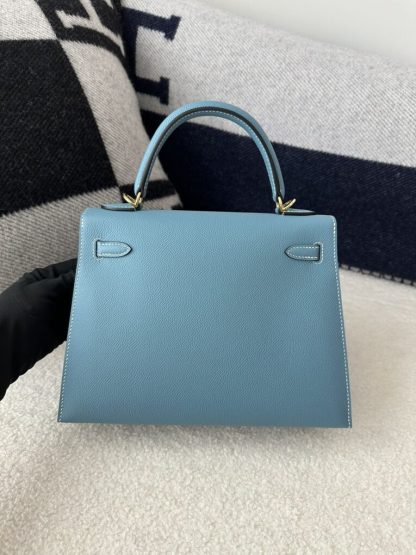 Replica Hermes Kelly 25 CC75 Blue jean Handmade Epsom Gold #3546 - Image 14