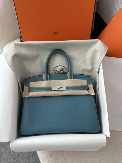 Replica Hermes Birkin D2 New Blue jean Handmade Hand Stitching togo Sliver #3531 - Image 12