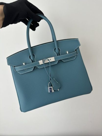Replica Hermes Birkin D2 New Blue jean Handmade Hand Stitching togo Sliver #3531 - Image 14