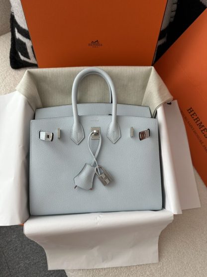 Replica Hermes Birkin 25cm T0 Blue brume Handmade Hand Stitching Epsom Leather Sliver Hardware #3502 - Image 12