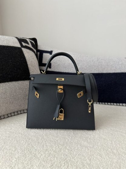 Replica Hermes Kelly 25 2Z Blue Niut Handmade Epsom Gold #3536 - Image 2