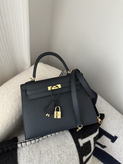 Replica Hermes Kelly 25 2Z Blue Niut Handmade Epsom Gold #3536 - Image 17