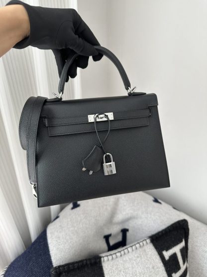 Replica Hermes Kelly 25 CK89 Noir Handmade Epsom Sliver #3535 - Image 9