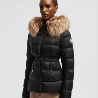 REPLICA MONCLER WOMEN'S BOED HOODED SHEARLING SHORT DOWN JACKET BLACK & BEIGE #3829