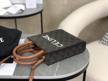 REPLICA CELINE MINI VERTICAL CABAS IN TRIOMPHE CANVAS AND CALFSKIN WITH CELINE PRINT 194372 TAN #3966 - Image 4