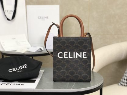 REPLICA CELINE MINI VERTICAL CABAS IN TRIOMPHE CANVAS AND CALFSKIN WITH CELINE PRINT 194372 TAN #3966