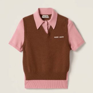 Replica Miu Miu Cashmere and wool polo sweater Tobacco/Pink