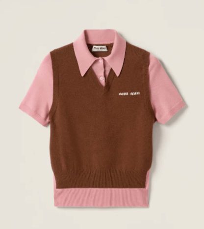 Replica Miu Miu Cashmere and wool polo sweater Tobacco/Pink