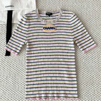 REPLICA CHANEL 25S LETTER LOGO SHORT SLEEVE KNIT T-SHIRT COTTON/PAPER MULTICOLOUR