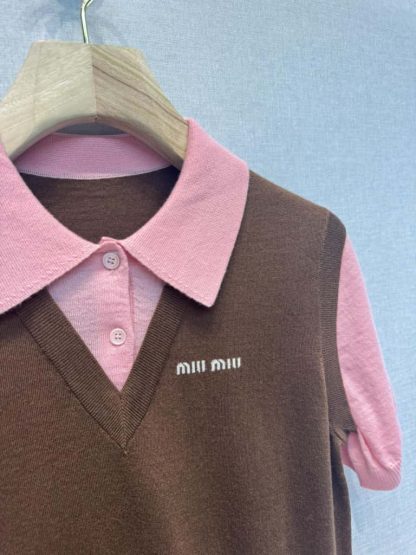 Replica Miu Miu Cashmere and wool polo sweater Tobacco/Pink - Image 7
